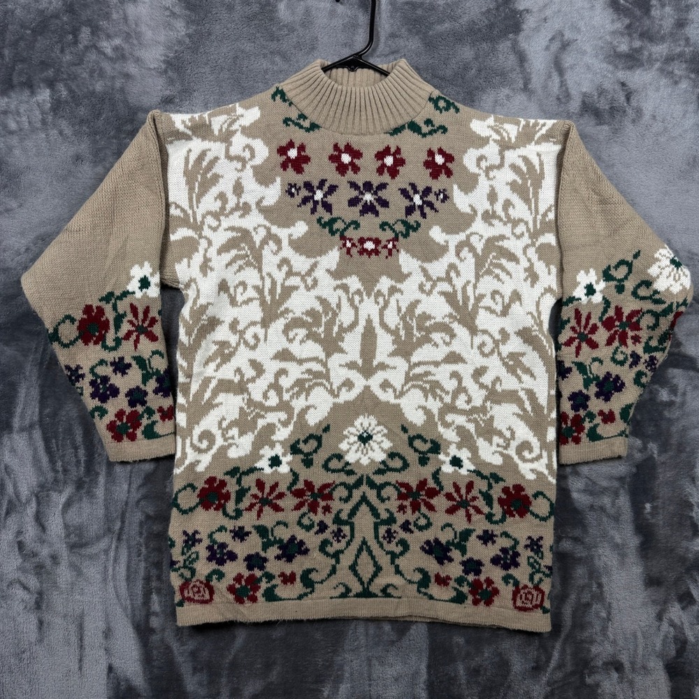 Dana Scott Sweater Womens XL Tan Floral Damask Mock Neck Knit Pullover Vintage
